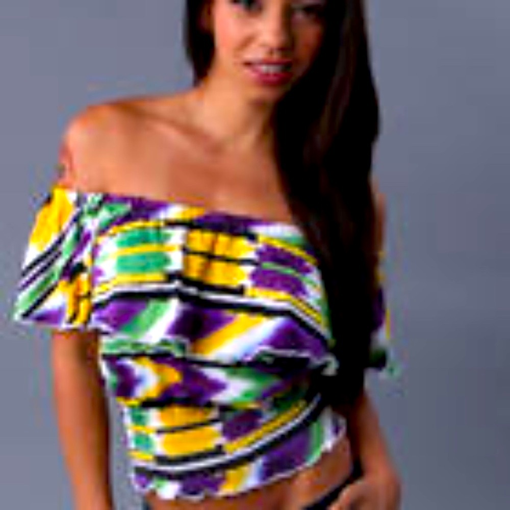 NEW  Beyonce  Y2K DEREON MULITCOLOR Colorful Ruffle trim Off shoulder Crop Top M